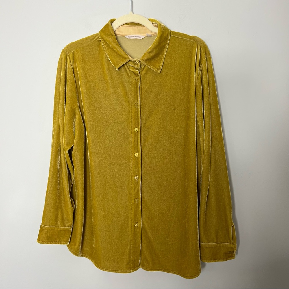 Soft Surroundings Velour Velvet Stretch Button Up Shirt Collar Gold Mustard 744 - Picture 3 of 9